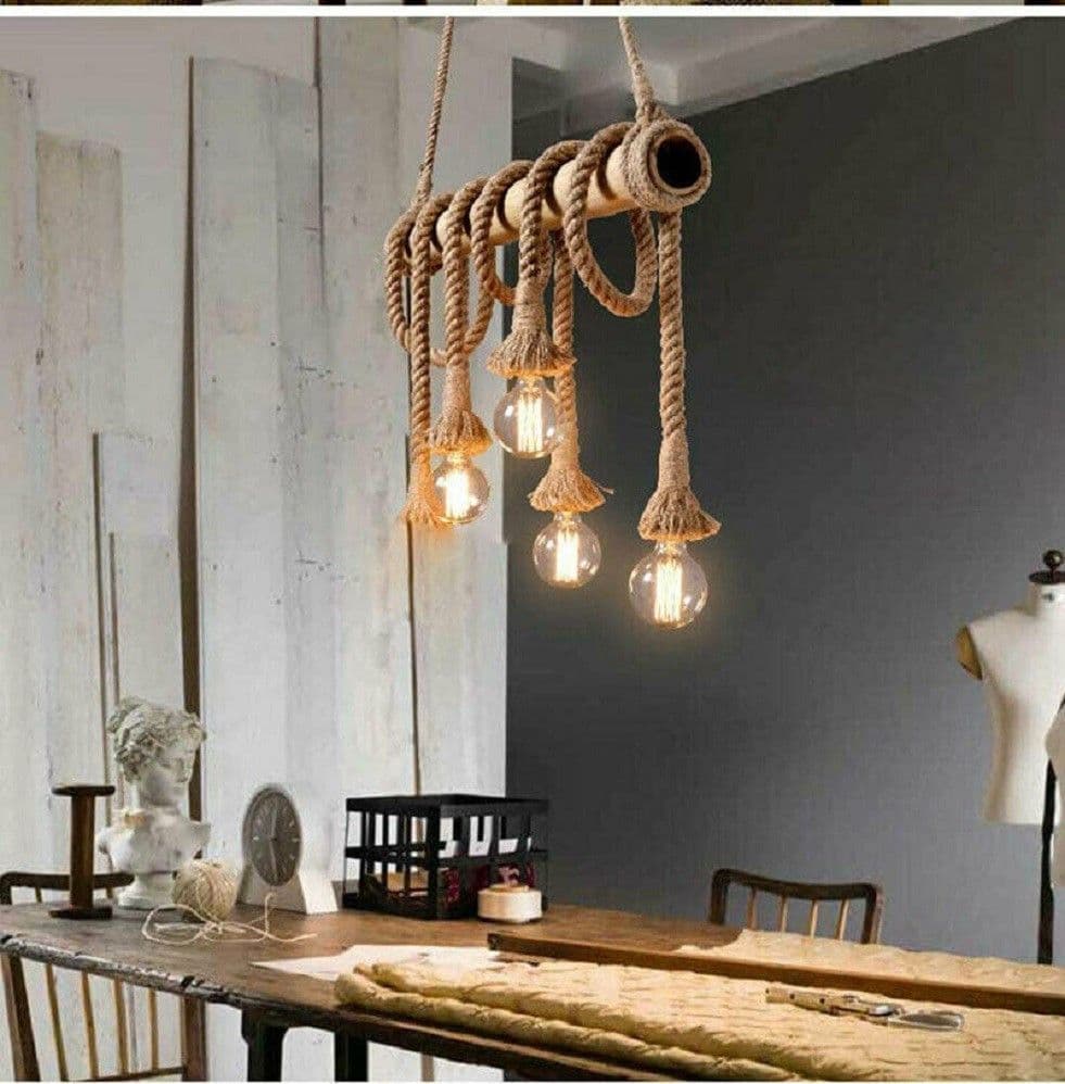 LAMPADARIO SOSPENSIONE CON CORDA IN CANAPA 4 PORTALAMPADA E27 STILE COUNTRY B23 - 2