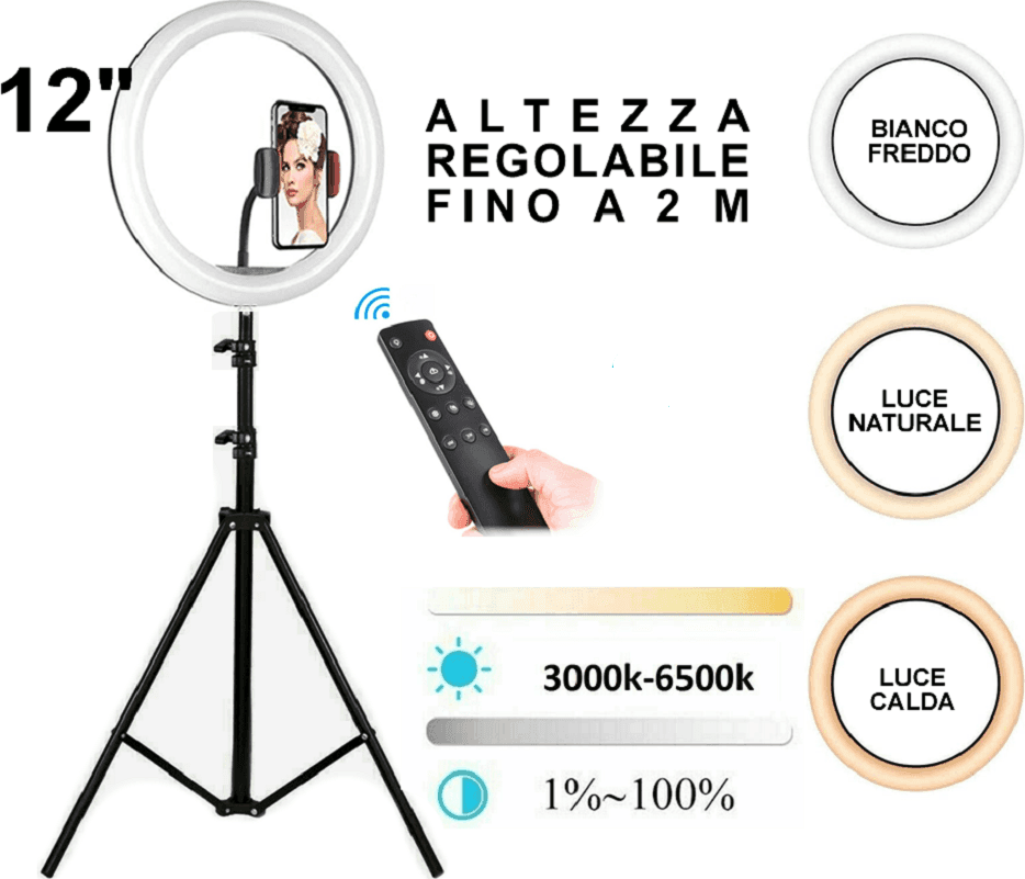 LAMPADA ANELLO RING LED YQ-320B SELFIE TREPPIEDI REGOLABILE + TELECOMANDO - 2