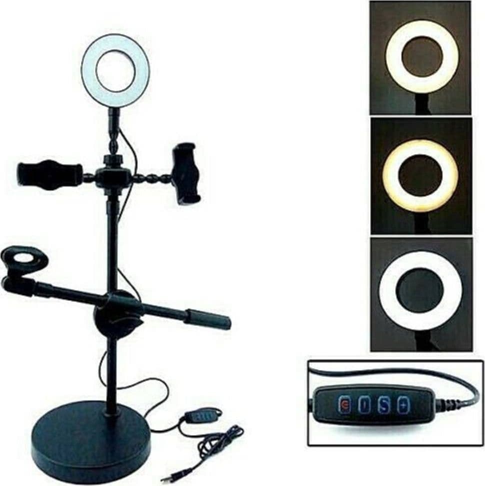 ANELLO LUMINOSO A LED PER SELFIE CON SUPPORTO CELLULARE MICROFONO CAMERA 16CM - 2