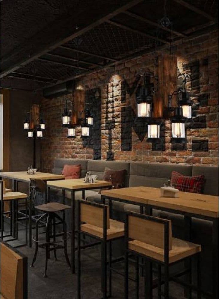 LAMPADARIO A SOSPENSIONE RUSTICO INDUSTRIAL CON LANTERNE E27 LEGNO METALLO B54-4 - 7