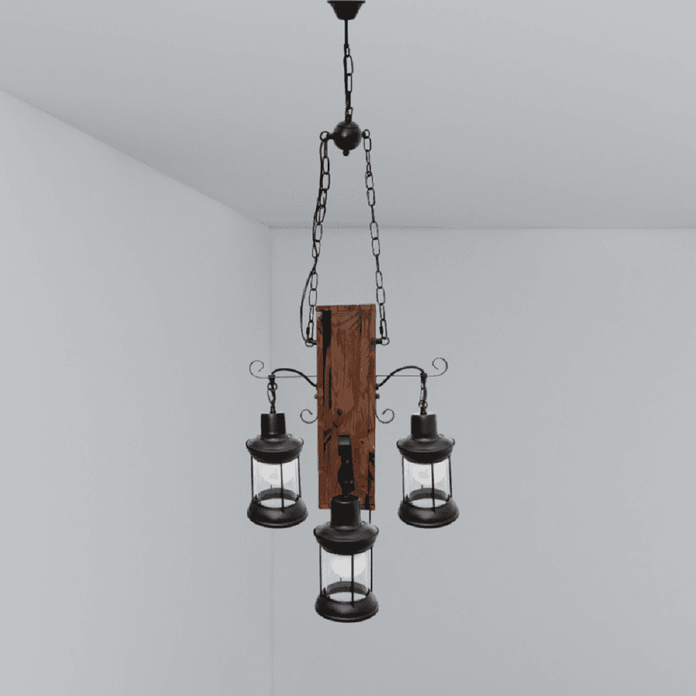 LAMPADARIO A SOSPENSIONE RUSTICO INDUSTRIAL CON LANTERNE E27 LEGNO METALLO B54-4 - 6