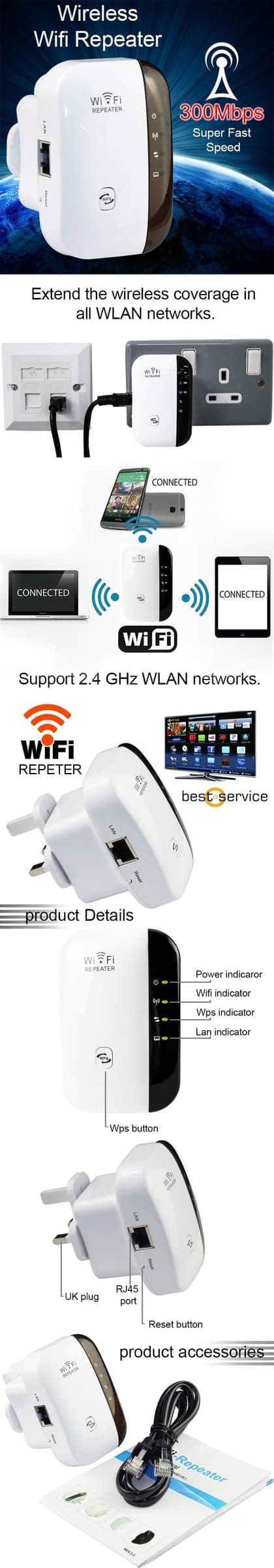 300Mbps Wireless N 802.11 Ripetitore Wifi Gamma Booster Extender PONTE AP - 3