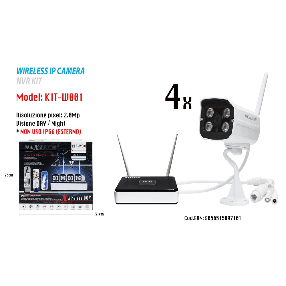 KIT TELECAMERE VIDEOSORVEGLIANZA WIFI WIRELESS HD IP NVR FINO 100M MAXTECH KIT-W001 - 2