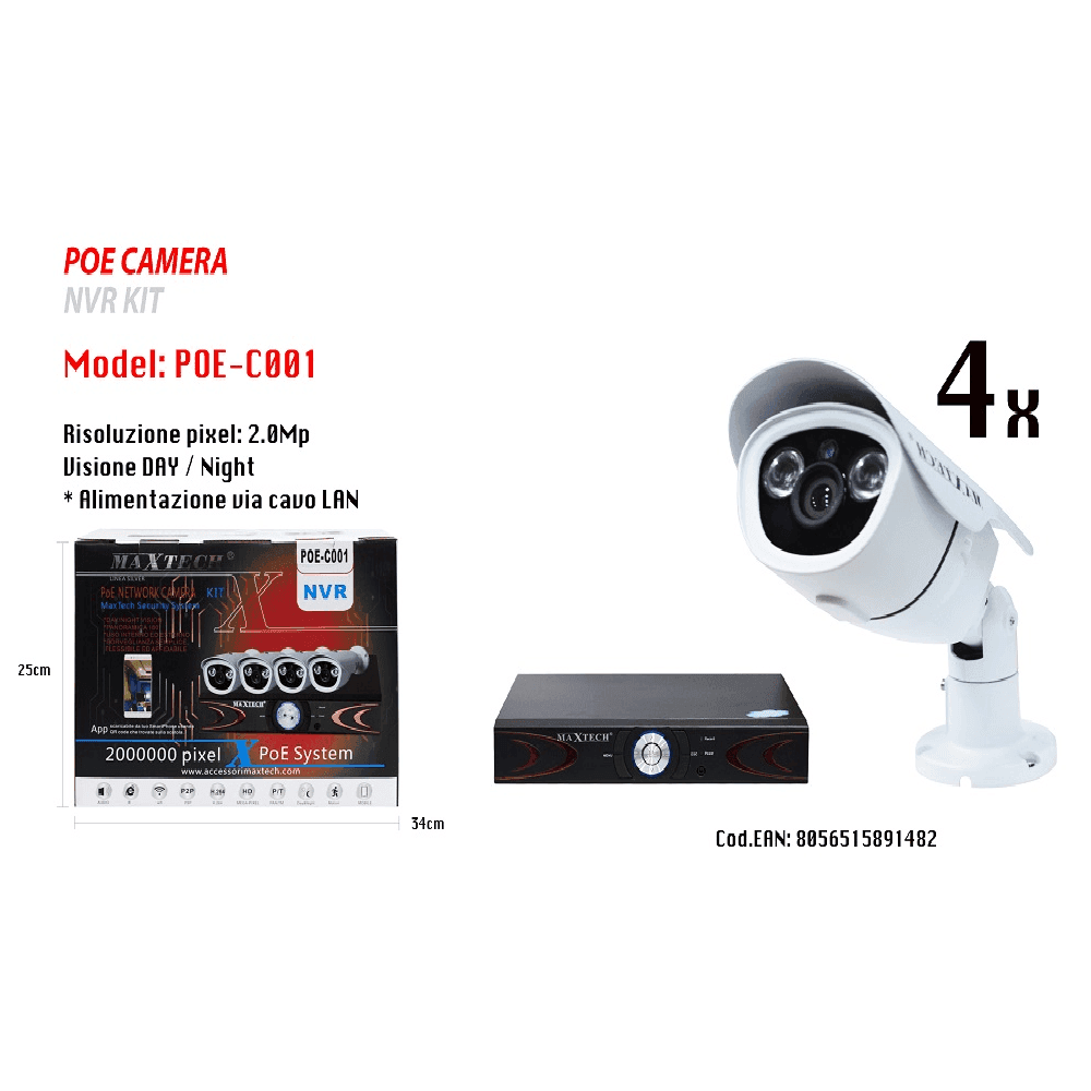 TELECAMERE 4 CANALI VIDEOSORVEGLIANZA SMARTPHONE APP GRATIS FULL HD MAXTECH POE-C001 - 2