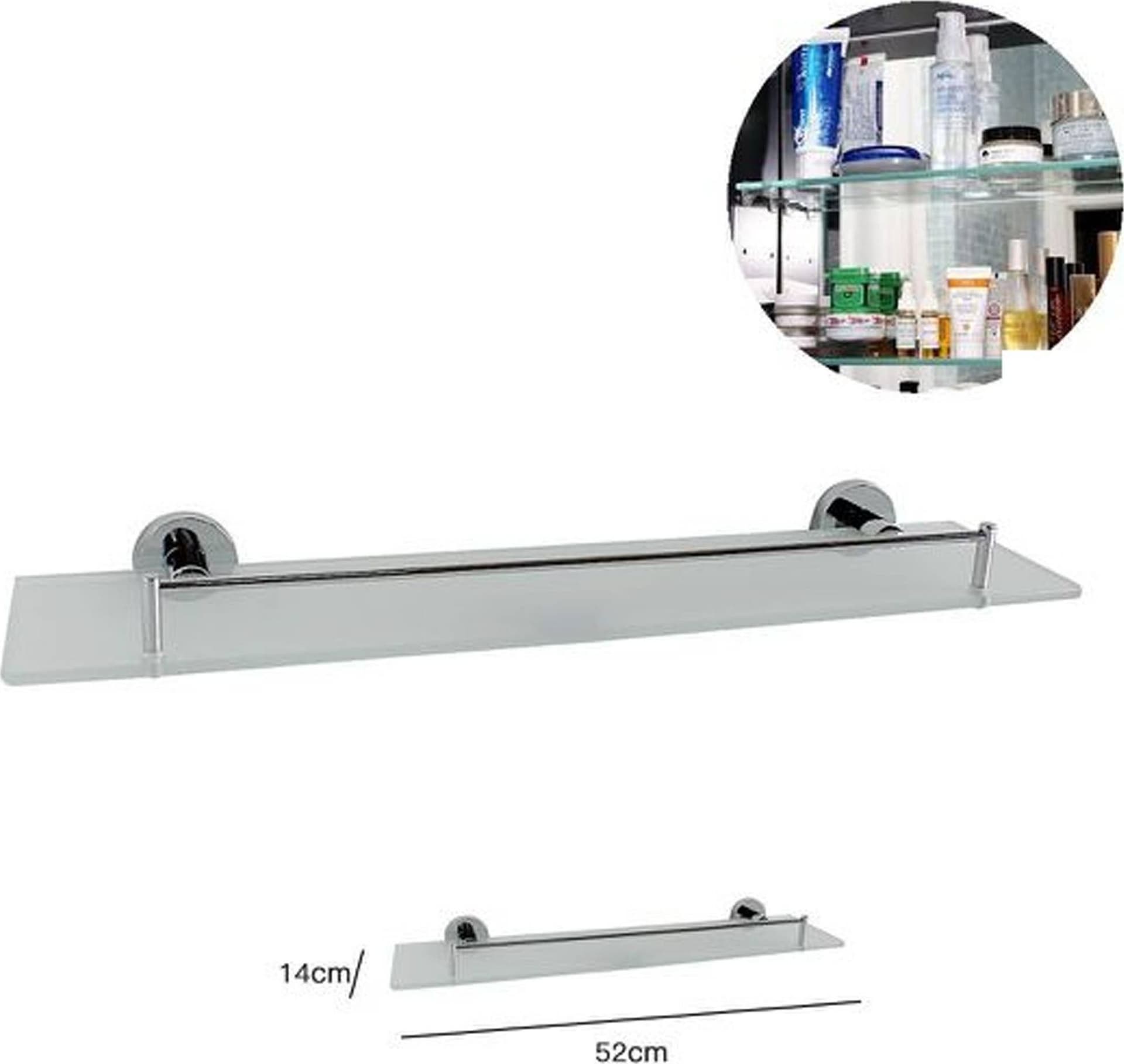 MENSOLA VETRO PER BAGNO IN ACCIAIO 50x15CM CON FISSAGGIO A PARETE MURO ELLITTICA
