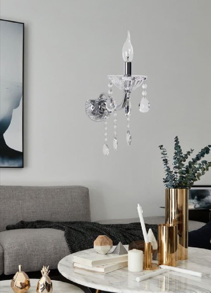 APPLIQUE DA MURO CANDELABRO GOCCE PENDENTI CRISTALLO ACRILICO ATTACCO E14 E34 - 4