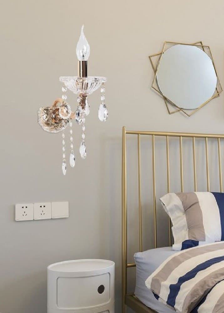 APPLIQUE DA MURO CANDELABRO GOCCE PENDENTI CRISTALLO ACRILICO ATTACCO E14 E34 - 5