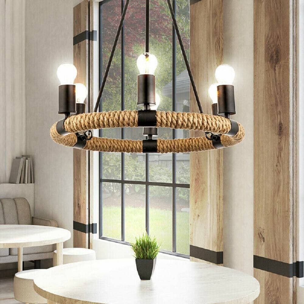 LAMPADARIO ROTONDO RUSTICO IN CANAPA METALLO ATTACCO E27 LAMPADA INDUSTRIALE A20 - 2