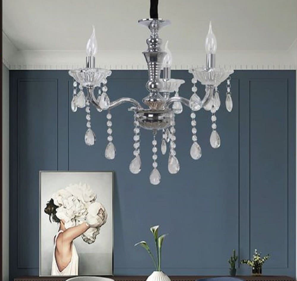 LAMPADARIO SOFFITTO 3 BRACCI A SOSPENSIONE CON CATENA GOCCE PENDENTI LAMPADA A26 - 5