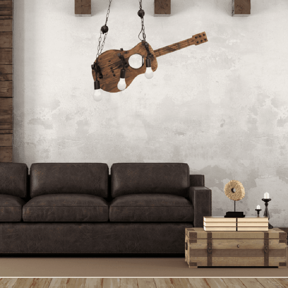 LAMPADARIO SOSPENSIONE DESIGN GUITAR IN LEGNO FORMA CHITARRA 6 ATTACCHI E27 A53 - 3