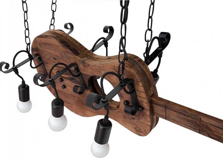 LAMPADARIO SOSPENSIONE DESIGN GUITAR IN LEGNO FORMA CHITARRA 6 ATTACCHI E27 A53 - 6