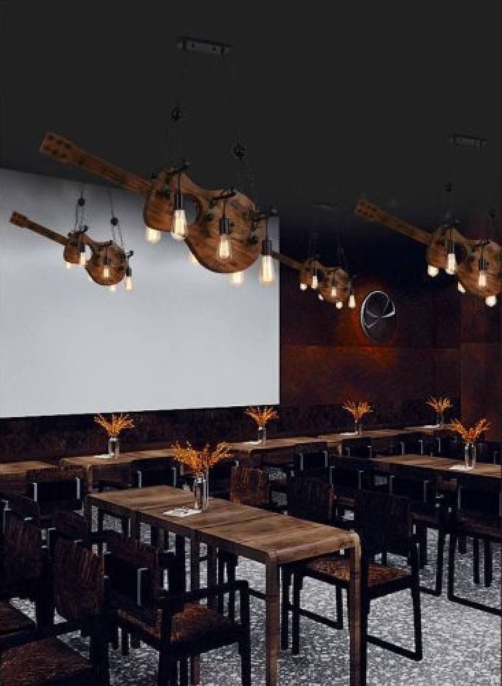 LAMPADARIO SOSPENSIONE DESIGN GUITAR IN LEGNO FORMA CHITARRA 6 ATTACCHI E27 A53 - 7