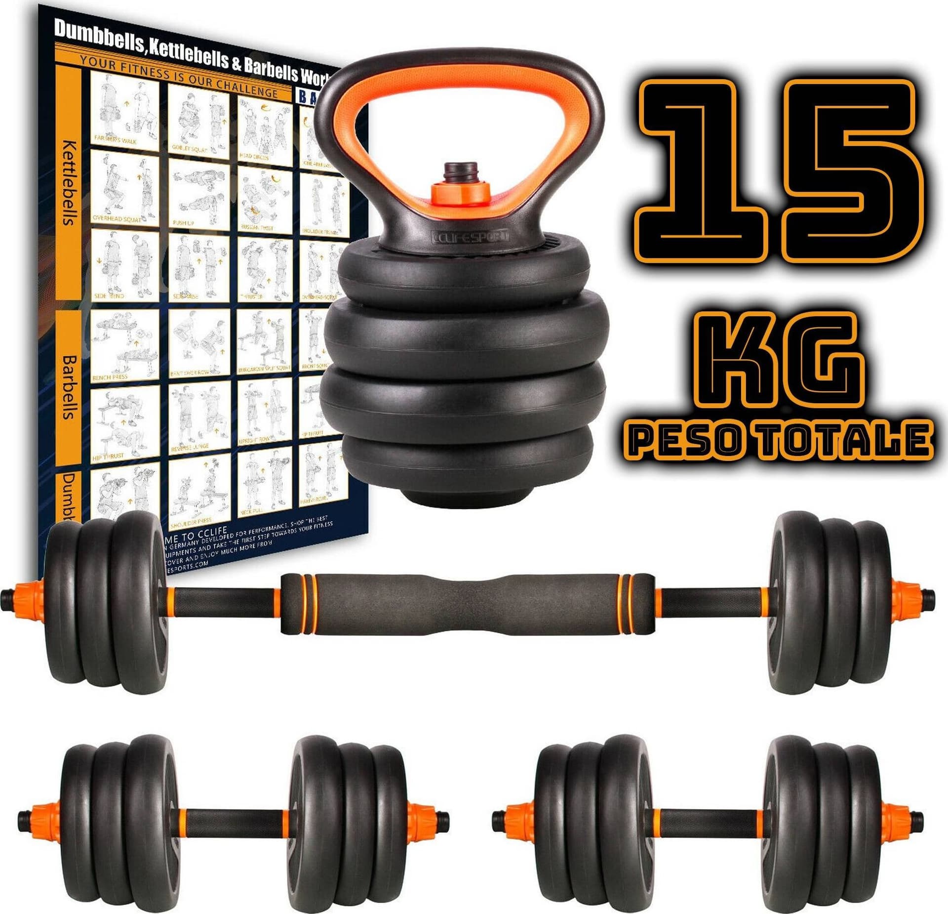 SET 6IN1 MULTIFUNZIONE PESO 15KG MANUBRI CON BILANCIERE E KETTLEBELL COMPONIBILE - 2