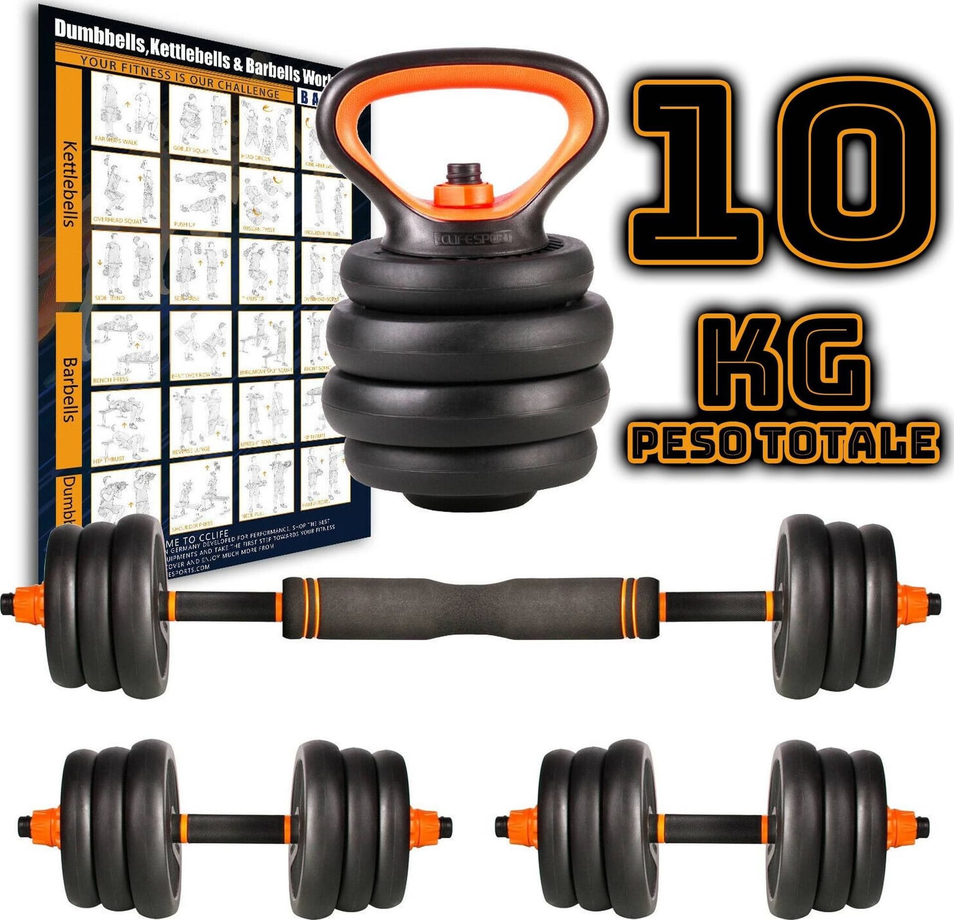 SET 6IN1 MULTIFUNZIONE PESO 10KG MANUBRI CON BILANCIERE E KETTLEBELL COMPONIBILE - 2