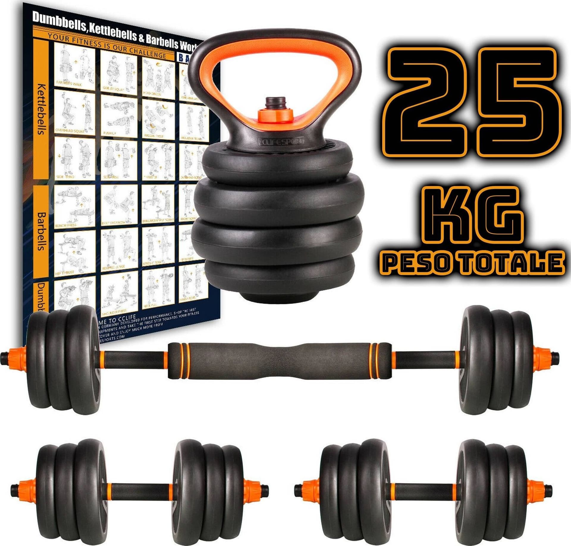 SET 6IN1 MULTIFUNZIONE PESO 25KG MANUBRI CON BILANCIERE E KETTLEBELL COMPONIBILE - 2