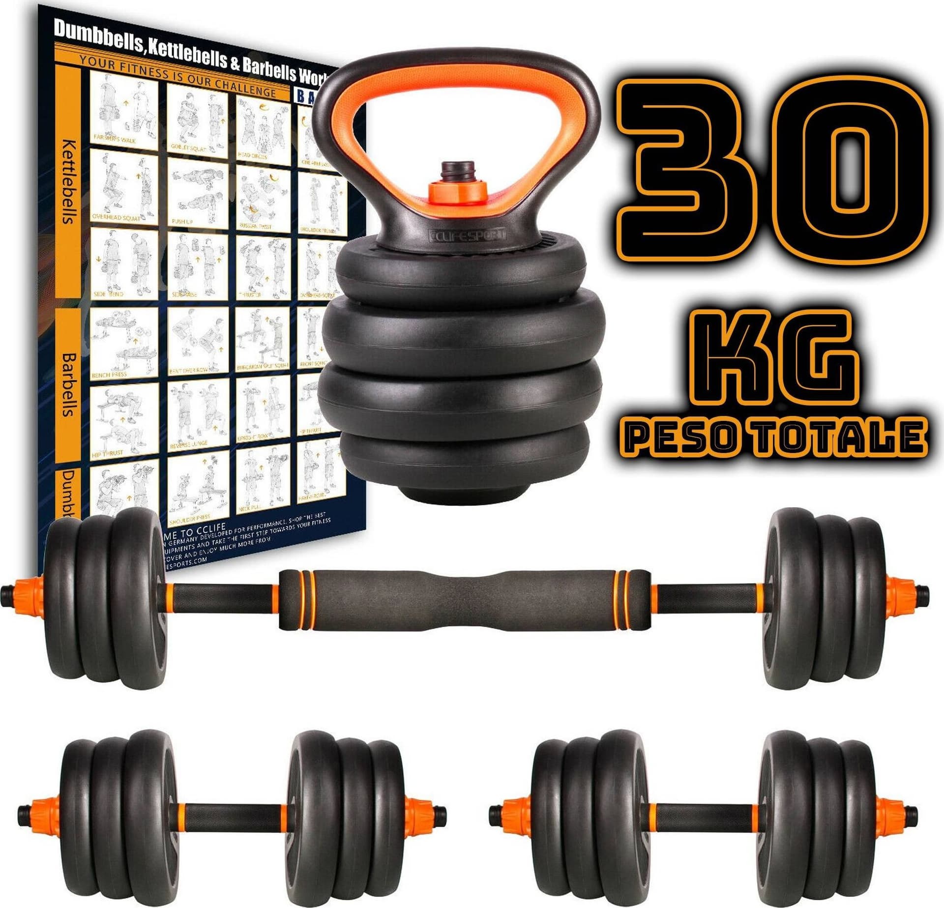 SET 6IN1 MULTIFUNZIONE PESO 30 KG MANUBRI CON BILANCIERE E KETTLEBELL COMPONIBILE - 2