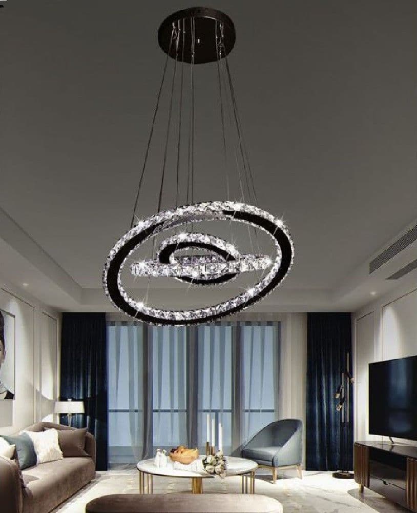 LAMPADARIO LED SOSPENSIONE 55W 3 ANELLI CRISTALLI ACRILICO LUCE 6500K 4000K B50 - 3