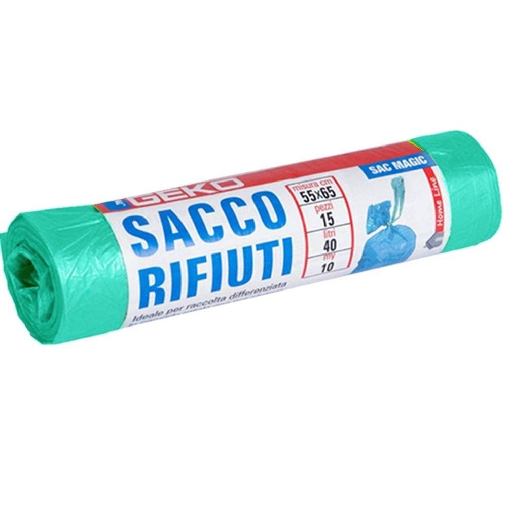 7X ROTOLI SACCHETTI BUSTE SPAZZATURA 40LT 55X65CM CHIUSURA LACCETTO VERDE 105PZ - 3