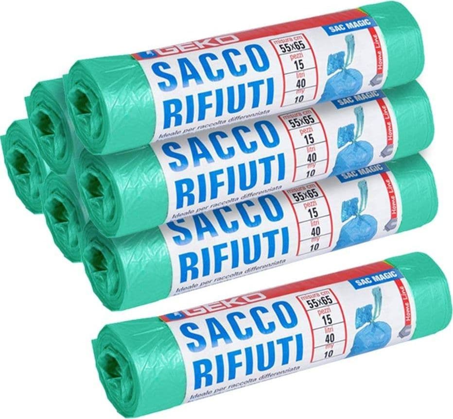 7X ROTOLI SACCHETTI BUSTE SPAZZATURA 40LT 55X65CM CHIUSURA LACCETTO VERDE 105PZ - 5