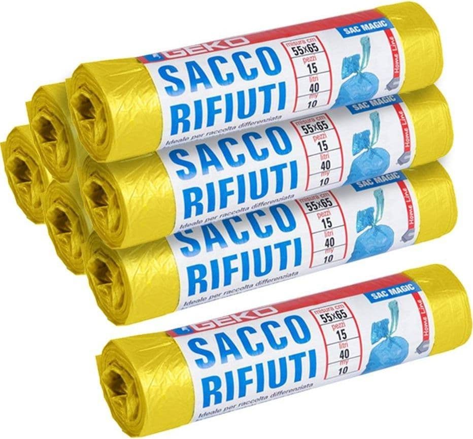 7X ROTOLI SACCHETTI BUSTE SPAZZATURA 40LT 55X65CM CHIUSURA LACCETTO GIALLO 105PZ - 5