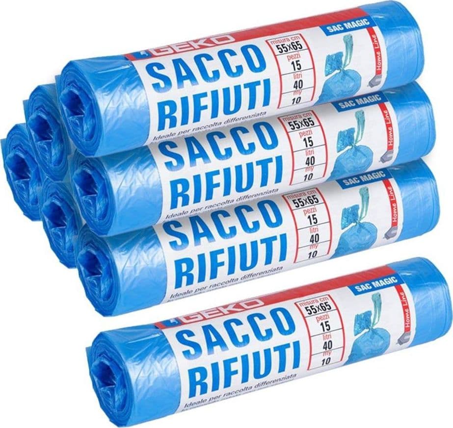 7X ROTOLI SACCHETTI BUSTE SPAZZATURA 40LT 55X65 CHIUSURA LACCETTO AZZURRO 105PZ - 4