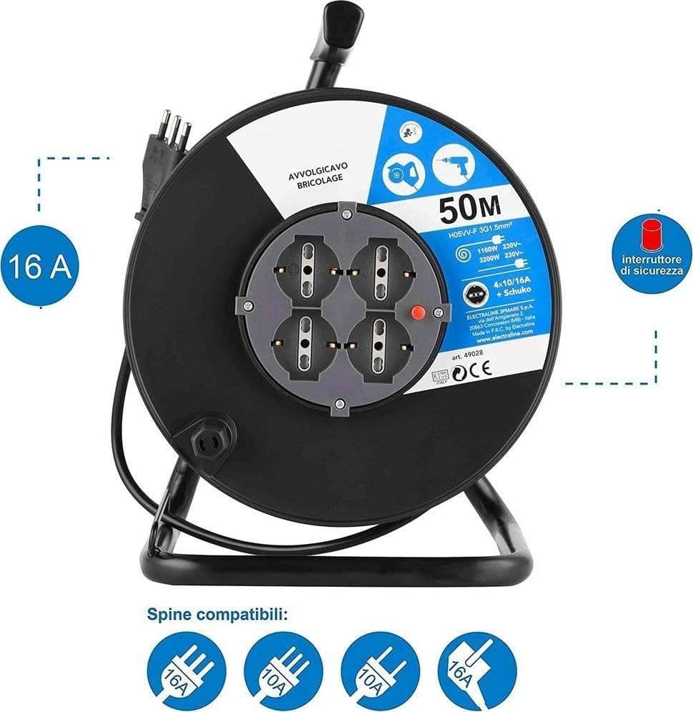 PROLUNGA ELETTRICA CAVO 50 MT AVVOLGICAVO E 4 PRESE SCHUKO POLIVALENTI SPINA 16A - 2