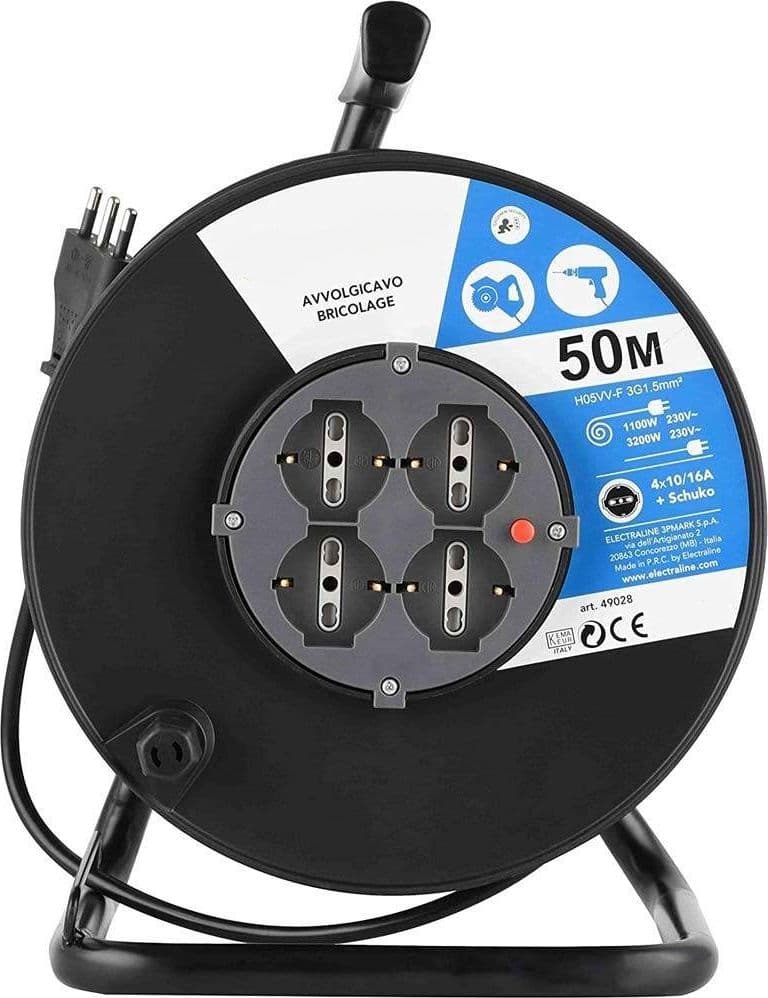 PROLUNGA ELETTRICA CAVO 50 MT AVVOLGICAVO E 4 PRESE SCHUKO POLIVALENTI SPINA 16A - 4