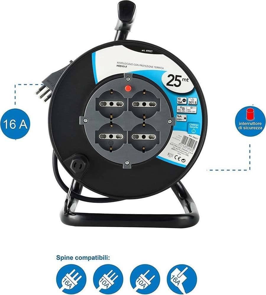 PROLUNGA ELETTRICA CAVO 25 MT AVVOLGICAVO 4 PRESE SCHUKO POLIVALENTI SPINA 16A - 2
