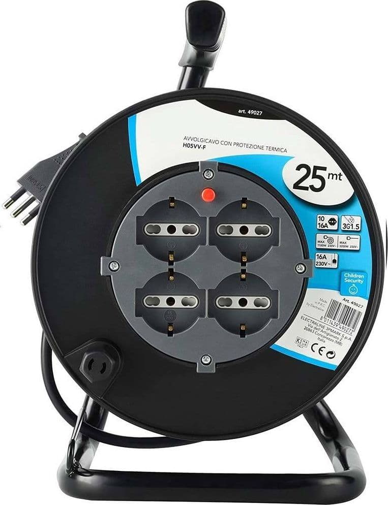 PROLUNGA ELETTRICA CAVO 25 MT AVVOLGICAVO 4 PRESE SCHUKO POLIVALENTI SPINA 16A - 4