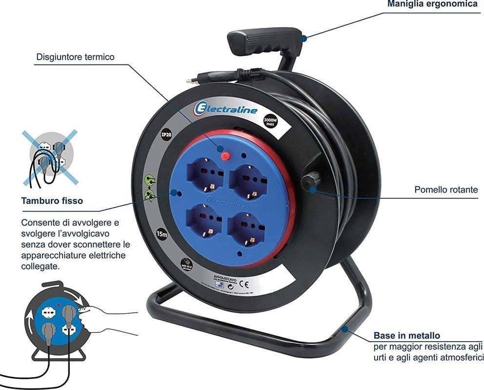 PROLUNGA ELETTRICA CAVO 15 MT AVVOLGICAVO 4 PRESE SCHUKO POLIVALENTI SPINA 16A - 2