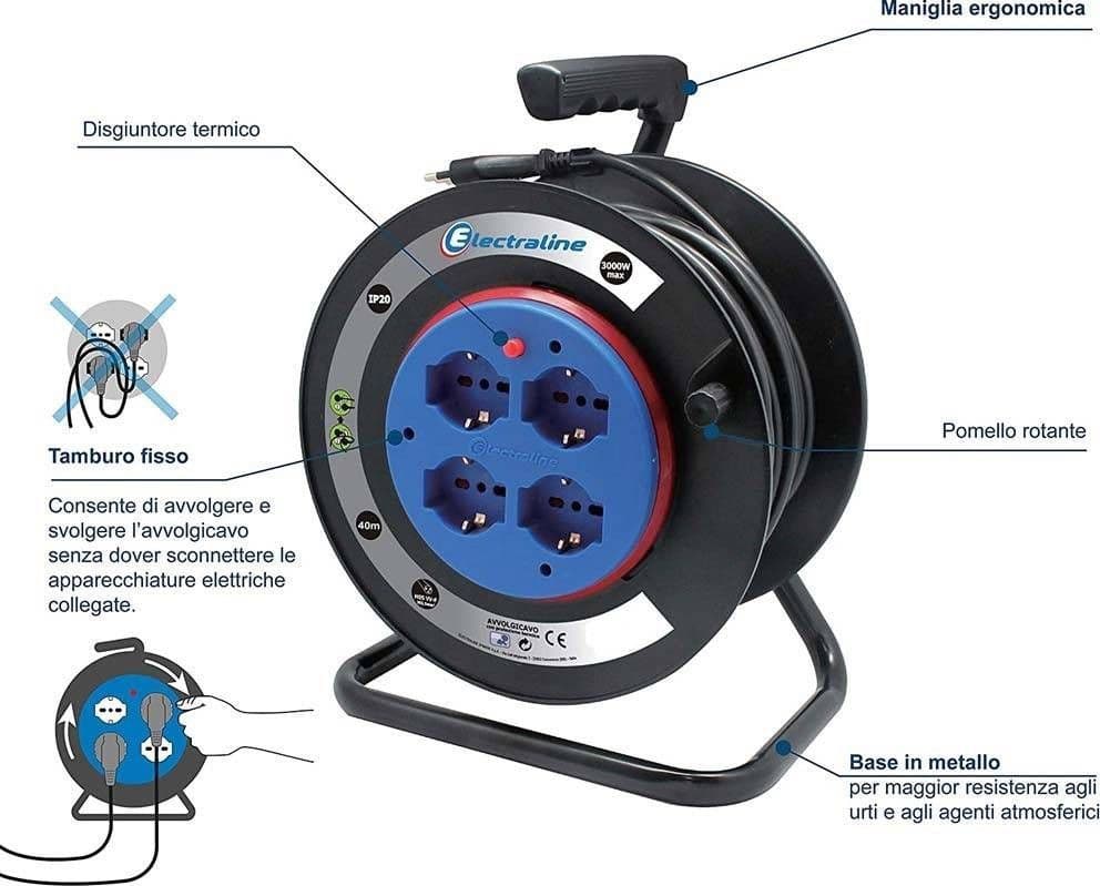 PROLUNGA ELETTRICA CAVO 40 MT AVVOLGICAVO 4 PRESE SCHUKO POLIVALENTI SPINA 16A - 2