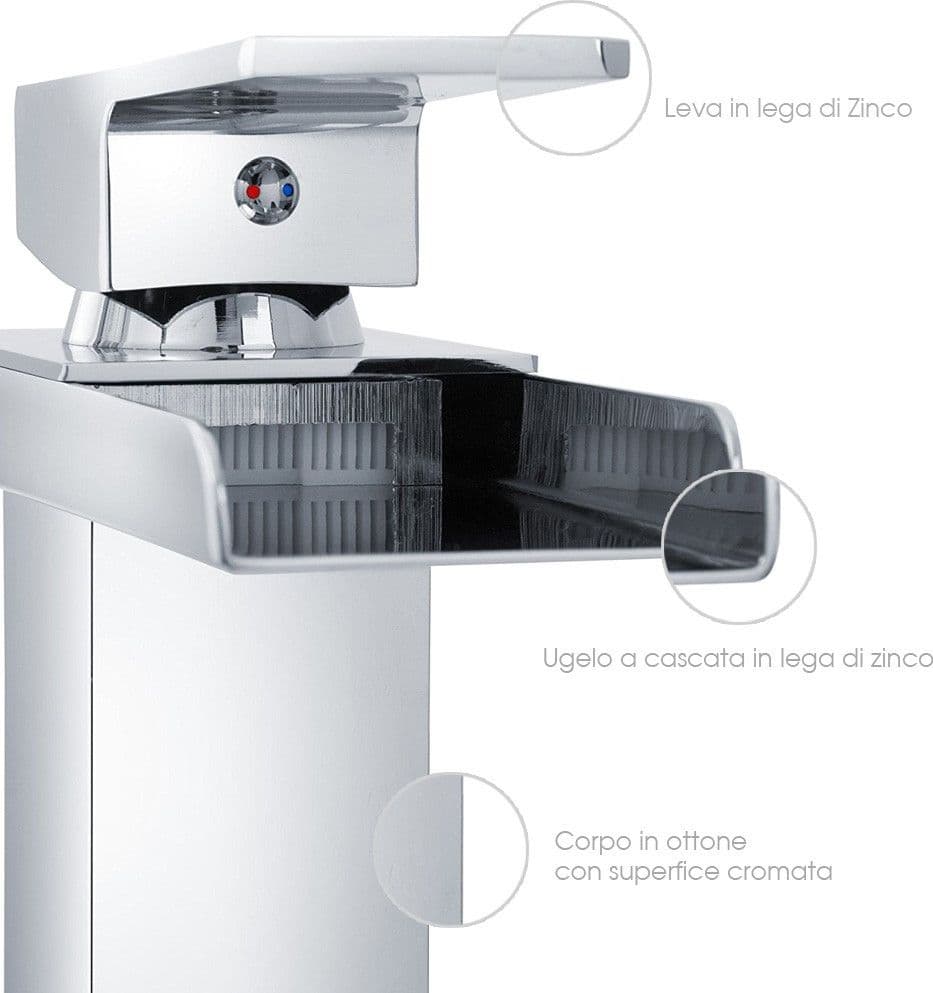 RUBINETTO BAGNO DESIGN MODERNO A CASCATA MISCELATORE MONOCOMANDO OTTONE CROMATO - 3