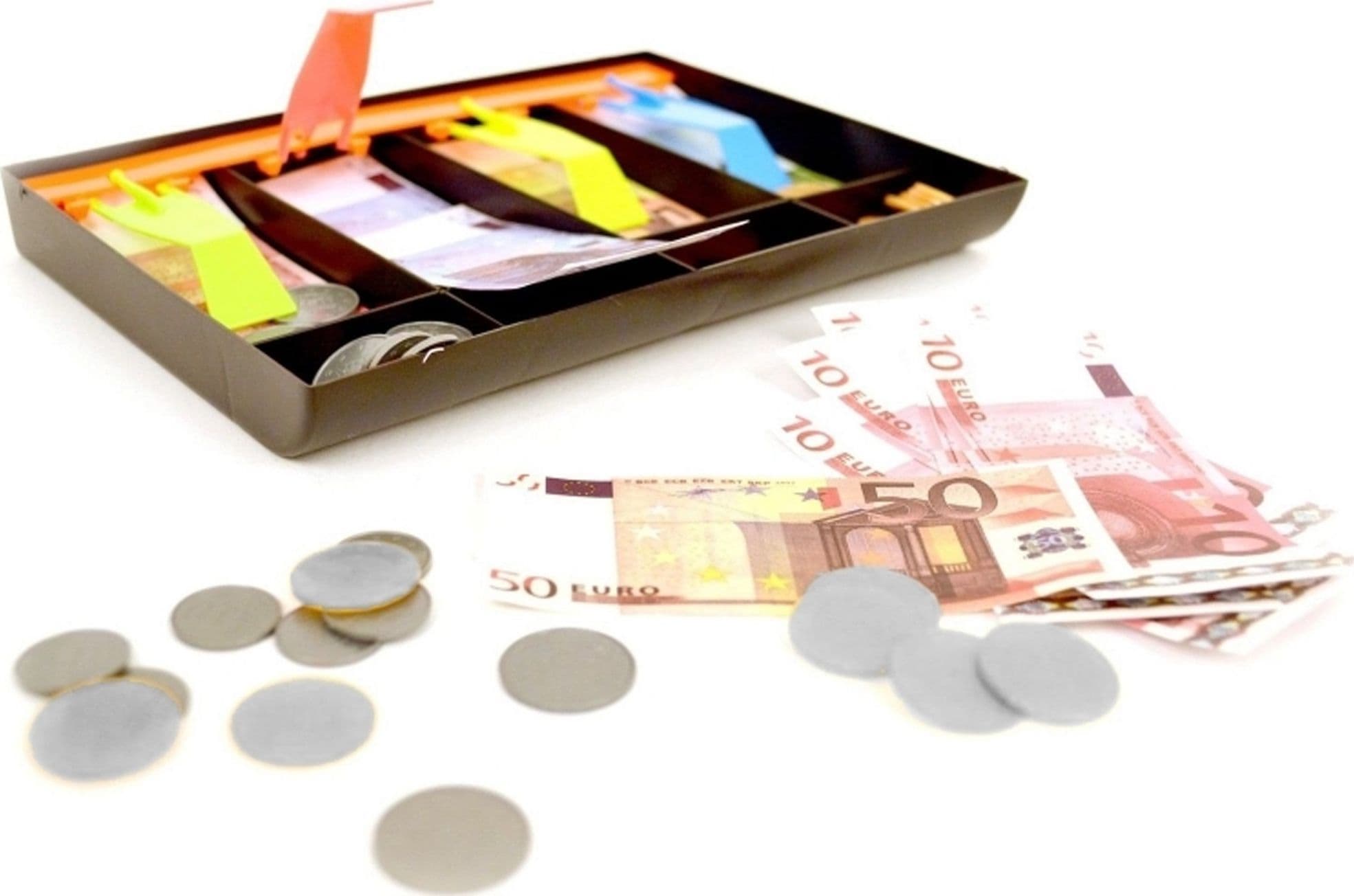 CASSETTO CONTANTI FINTI CASSA CASSETTA SOLDI MONETE BANCONOTE EURO NEGOZI GIOCO
