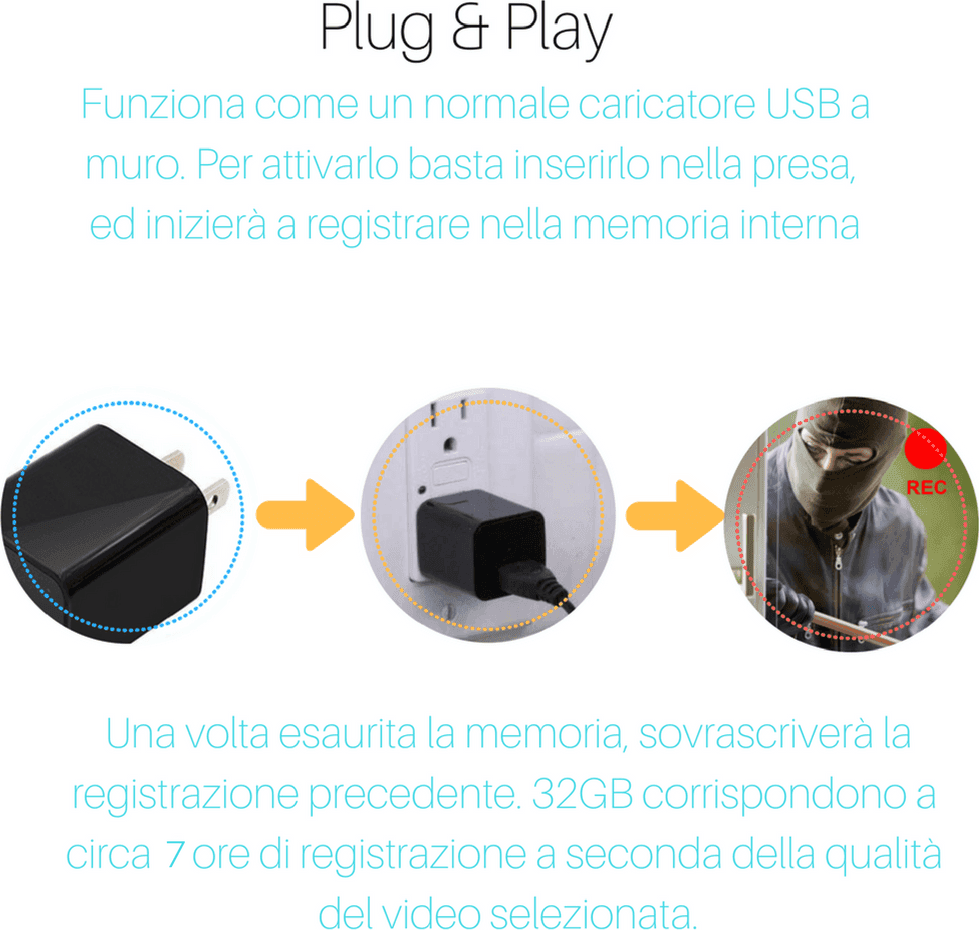 TELECAMERA NASCOSTA SPYCAM CARICATORE BATTERIA SMARTPHONE ADATTATORE USB 32GB HD - 4