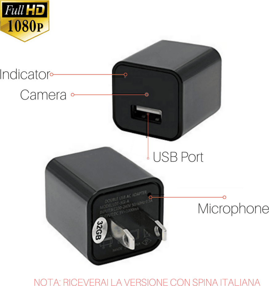 TELECAMERA NASCOSTA SPYCAM CARICATORE BATTERIA SMARTPHONE ADATTATORE USB 32GB HD - 6