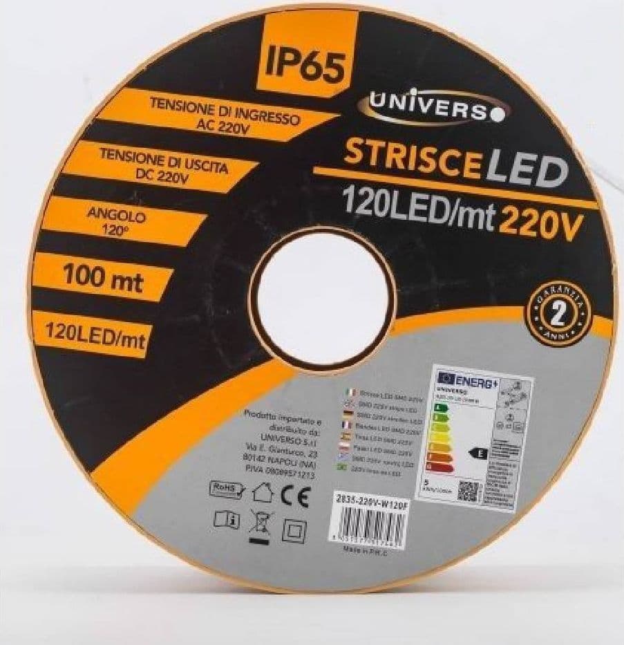 STRIP LED 2835 120D 9.5 MM 100 MT 220V LUCE CALDA FREDDA NATURALE 2835 SMD - 2