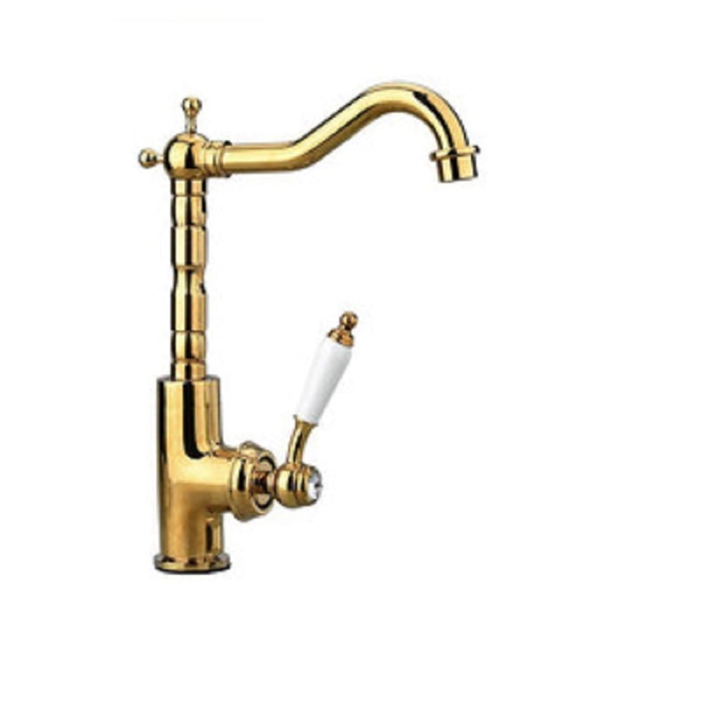 RUBINETTO DA CUCINA PER LAVABO MONOFORO OTTONE ORO LUCIDO MISCELATORE CANNA ALTA - 2