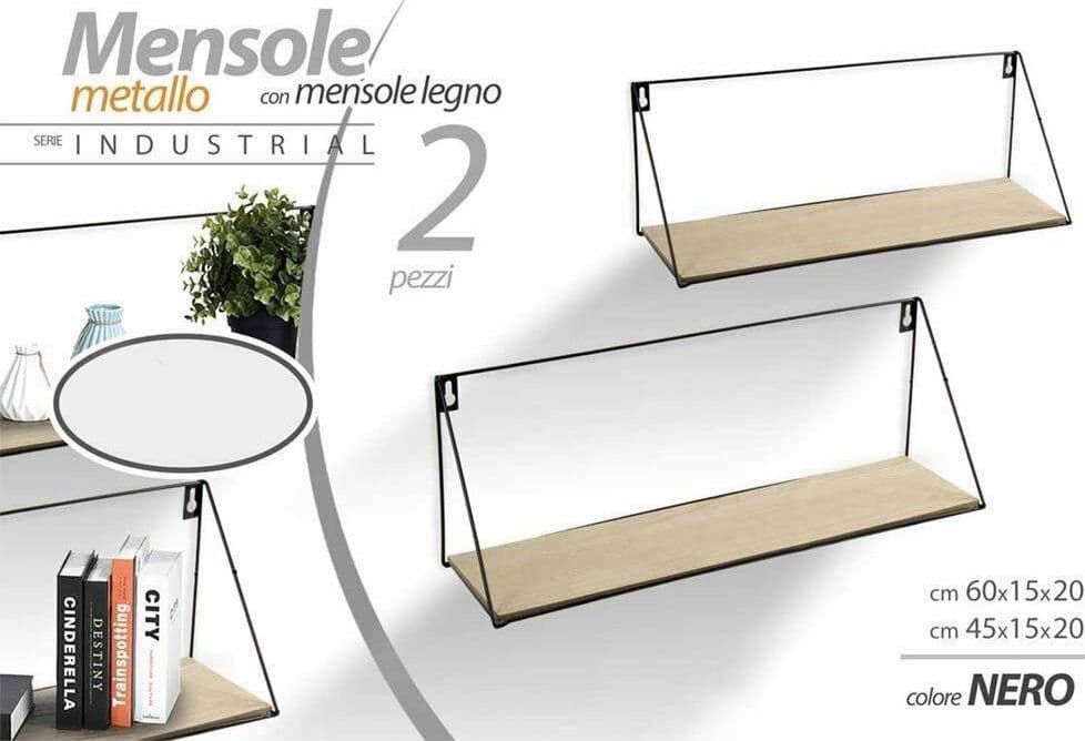 SET 2 MENSOLE PARETE RETTANGOLARE MENSOLA SCAFFALE METALLO E LEGNO 2 MISURE - 2
