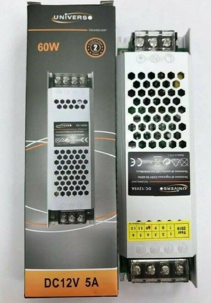 TRASFORMATORE ALIMENTATORE STABILIZZATO SLIM DC 12V 5A 60 W STRIP LED S-12V-60W - 2
