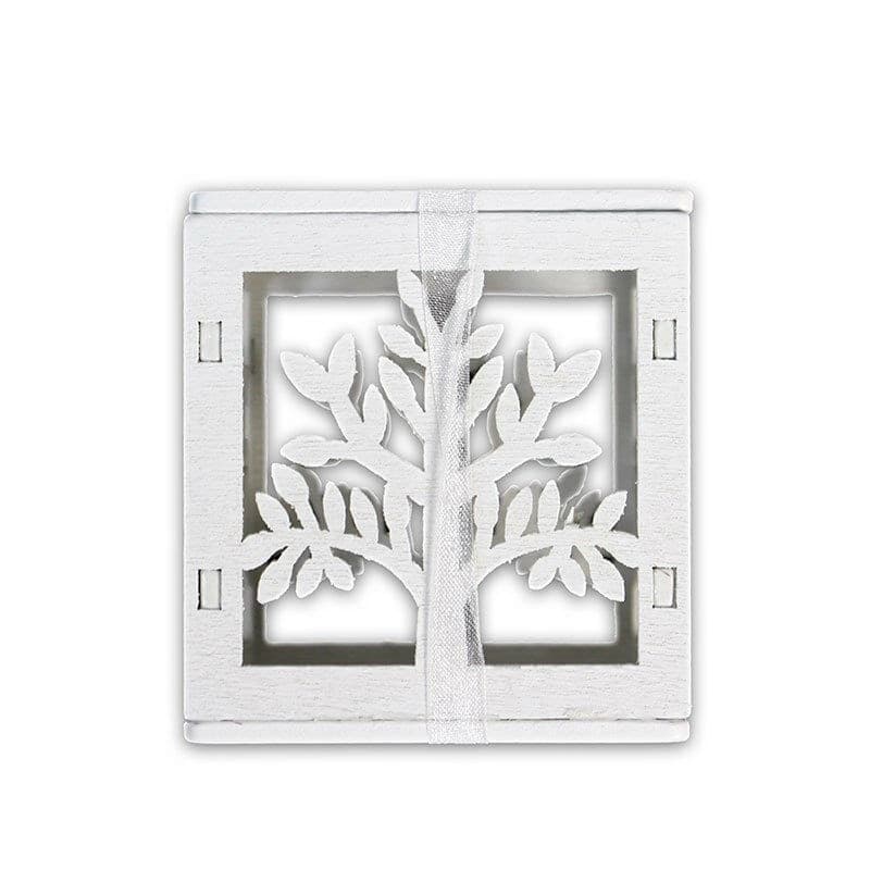 SET BOMBONIERA PER MATRIMONIO CUBO IN LEGNO ALBERO DELLA VITA STILIZZATO BIANCO - 2