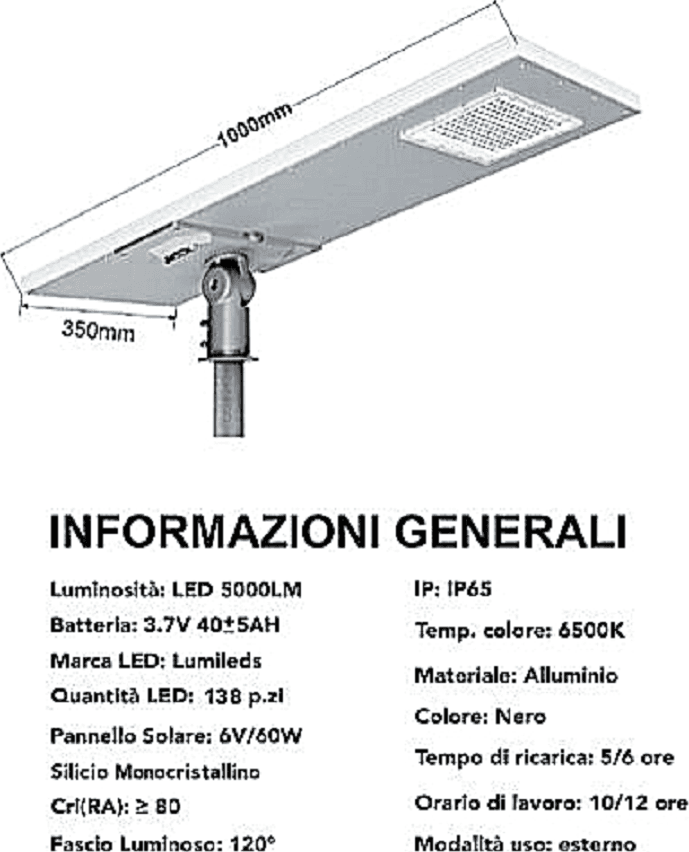 LAMPIONE FARO LED 500W STRADALE CREPUSCOLARE CON PANNELLO SOLARE IP65 SL-500W-LP - 2