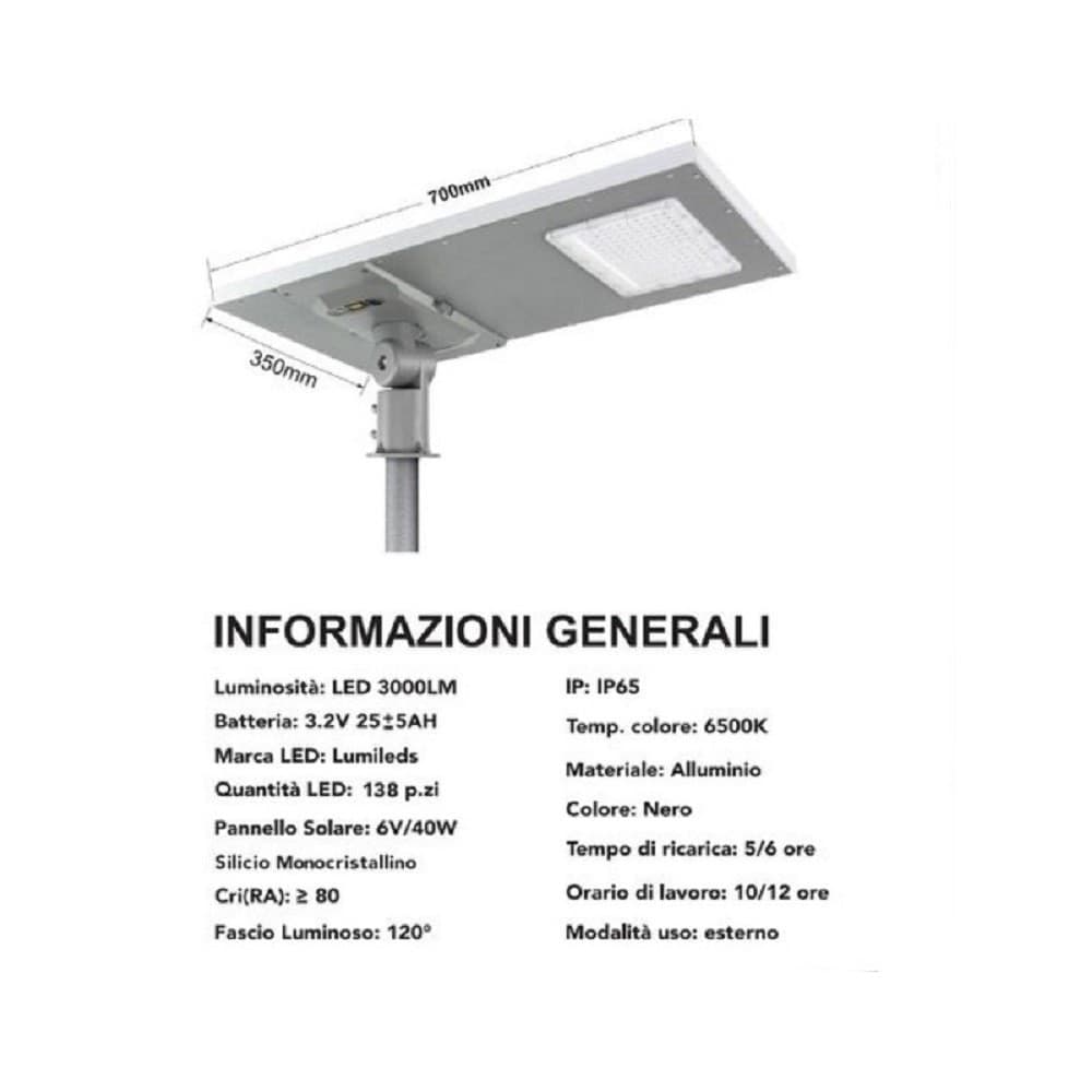 LAMPIONE FARO LED STRADALE 300W PANNELLO SOLARE DA ESTERNO IP65 6500K SL-300W-LP - 2