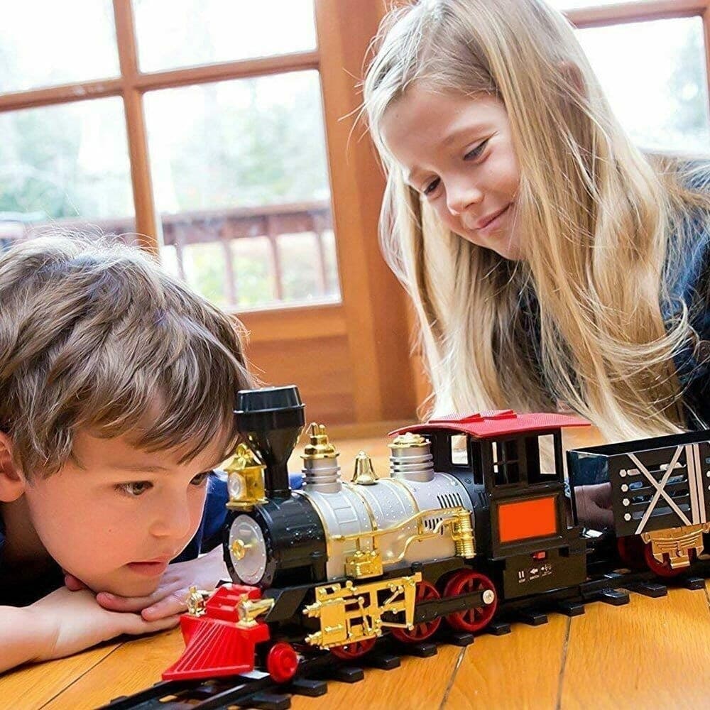 PISTA TRENINO GIOCATTOLO BAMBINI TRENO LOCOMOTIVA CON FUMO LUCE SUONI E 3 VAGONI - 3