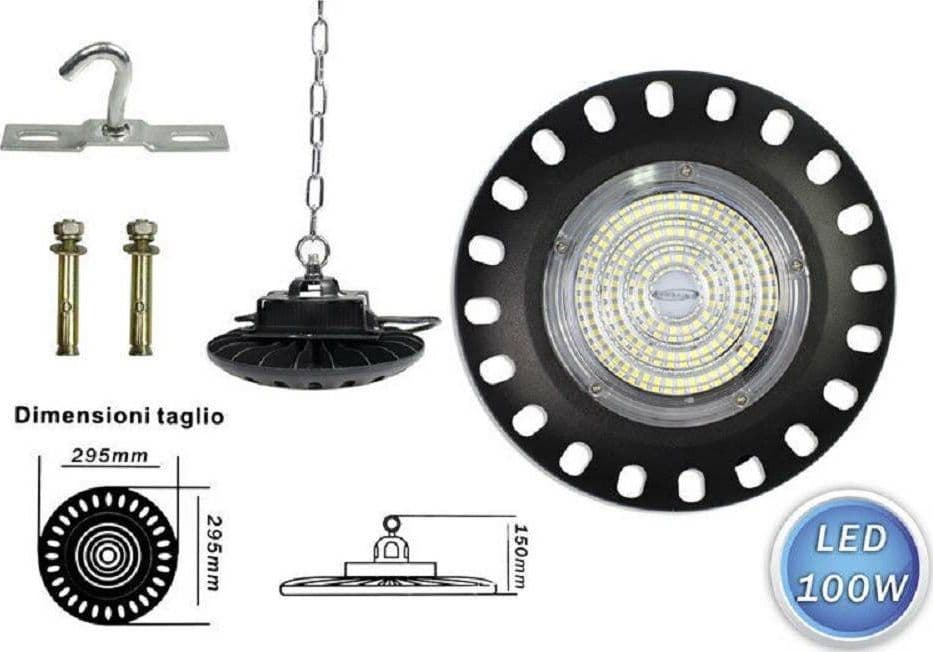 LAMPADA LED INDUSTRIALE A DISCO UFO CATENA 100W CAPANNONE LUCE 6500K F100W-NF9 - 4