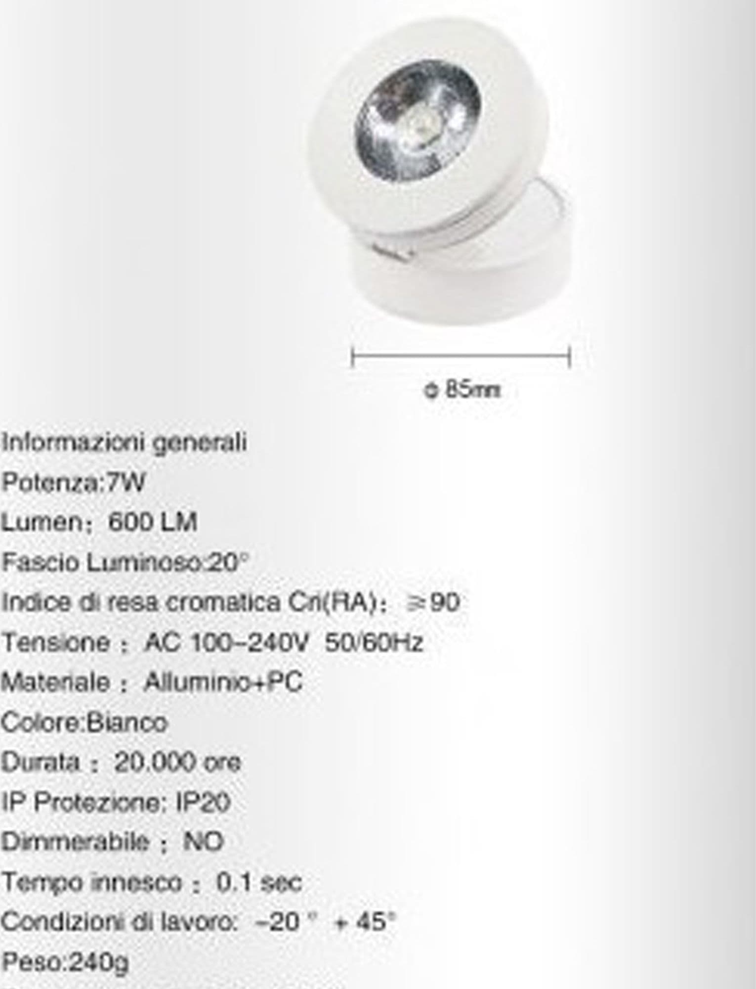 FARETTO LED A SUPERFICIE ORIENTABILE 7W LUCE NATURALE FREDDA CALDA BIANCO F-7W-B - 8