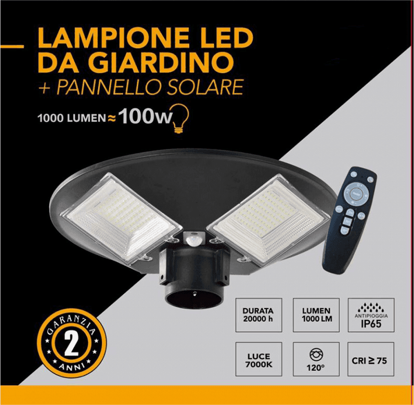 LAMPIONE LED 100W CON PANNELLO ENERGIA SOLARE IP65 SENSORE MOVIMENTO SO-GD-100W - 7
