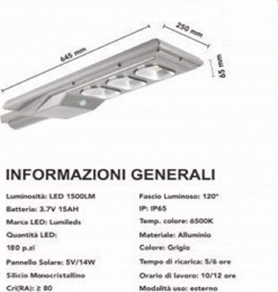 FARO STRADALE LED LAMPIONE SOLARE 150W LUCE 6500K SENSORE MOVIMENTO SL-150W-SS - 6