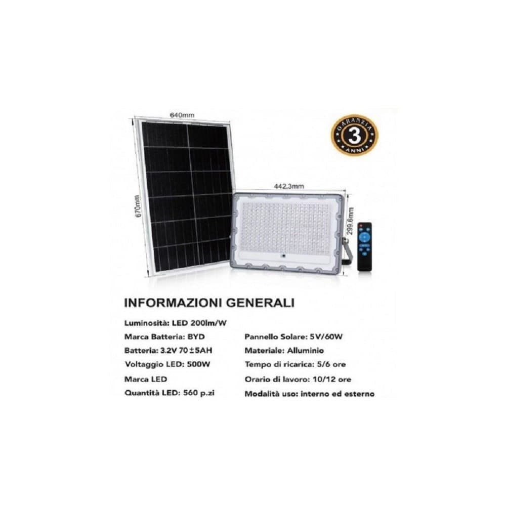 FARO LED 500 W CREPUSCOLARE CON PANNELLO ENERGIA SOLARE TELECOMANDO IP65 SL-500W - 2