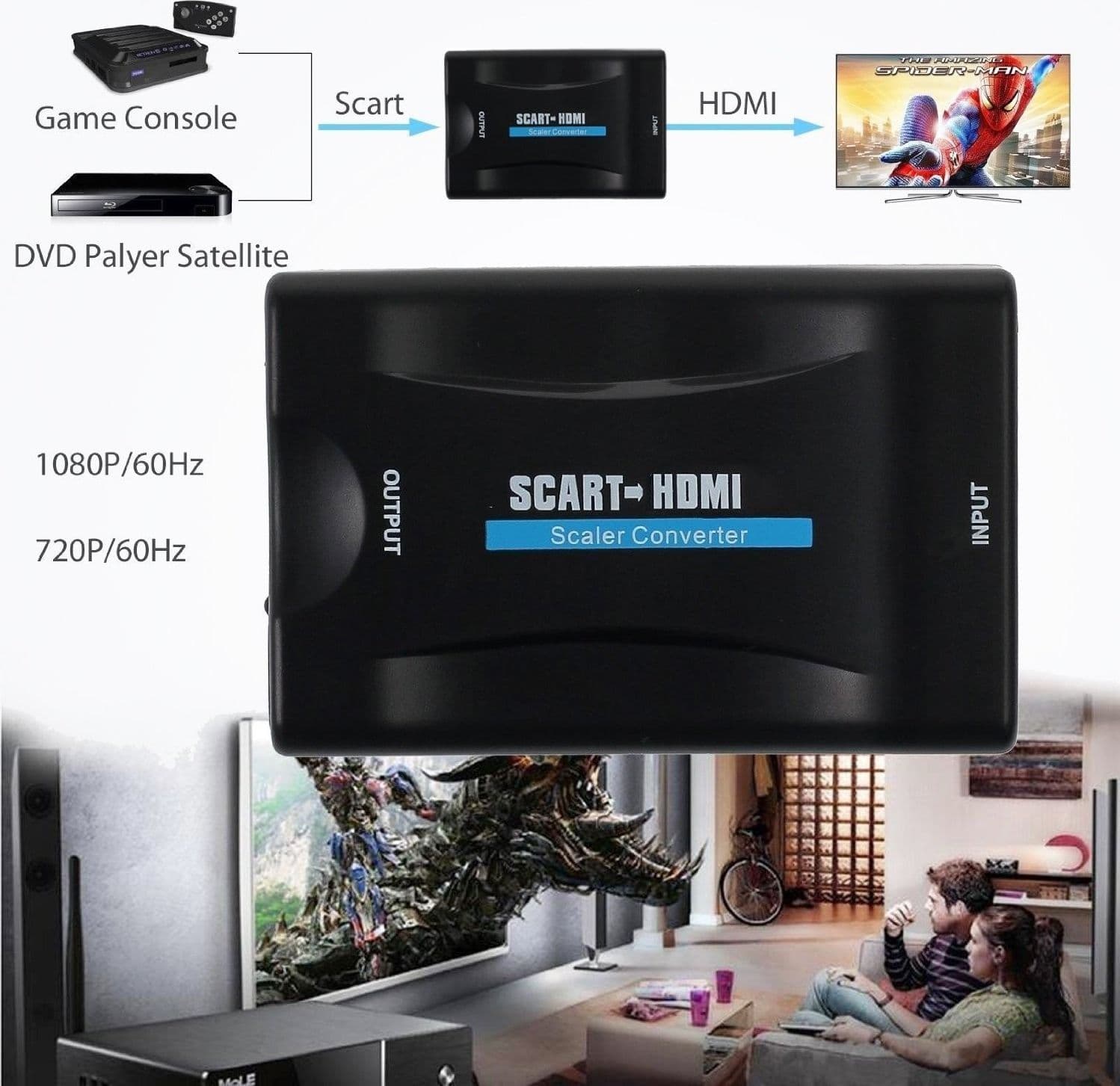 CONVERTITORE VIDEO HD AV ADATTATORE DA SCART A HDMI 720P 1080P AUDIO COASSIALE - 3