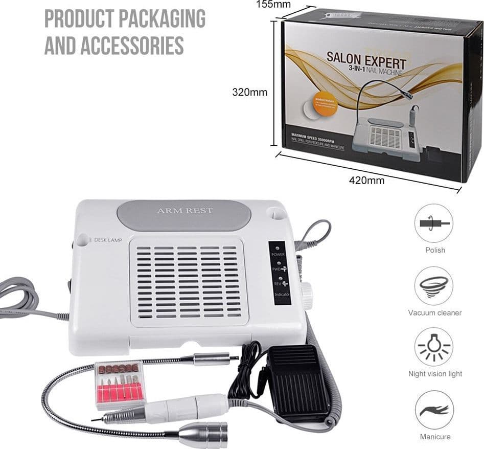 SALON EXPERT 3 IN 1 NAIL MACHINE FRESA LAMPADA AERATORE PROFESSIONALE NAIL ART - 2